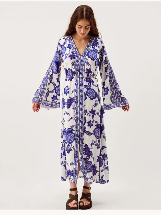 Santorini Beach maxi dress Other - NWT Gloria floral print 100% Viscose Maxi beach Dress Santorini  Blue Size US L